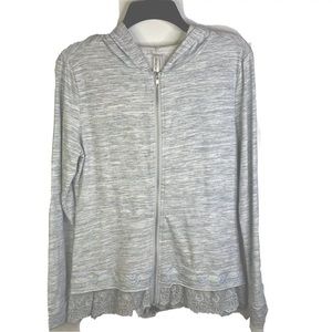 Mur Mur Full Zip Hooded Sweatshirt Gray Floral Lace Gauze Hem 100% Cotton Sz S